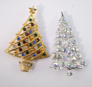 Christmas Tree Pin With Rhinestone Gold Silver Tone Brooch Pair - Picture 1 of 4