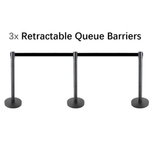 3x 3m Retractable Queue Crowd Barriers Crowd Control (Black Pole & Black Belt) - Picture 1 of 7