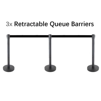 3x 3m Retractable Queue Crowd Barriers Crowd Control (Black Pole & Black Belt) - image 1 of 4