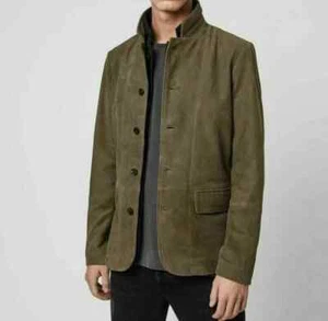 Men’s Olive Green Suede Jacket – 100% Genuine Suede Leather Classic Blazer Coat - Picture 1 of 12