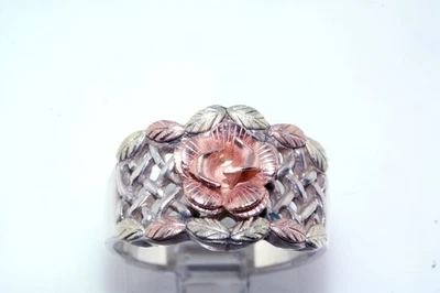 Vtg CCo 12k Black Hills Gold Sterling Silver Rose Flower Woven Band Ring sz 7 - Image 1 of 4