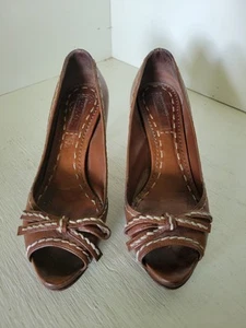 PRADA Milano Women’s Open Toe Luxury Tan Leather Heels 36 1/2 MADE IN ITALY - Picture 1 of 15