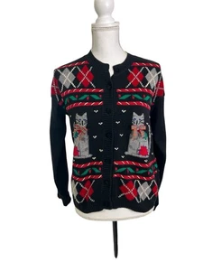 Vtg Karen Scott Small Cat Kitty Argyle Cardigan Ugly Sweater Christmas - Picture 1 of 10