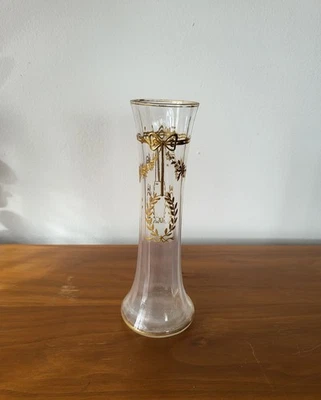 Ancien Vase à cotes vénitiennes en cristal, nœud et couronne de laurier doré - Photo 1/4