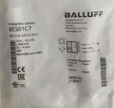 Balluff BES 516-325-G-S4-C Inductive Proximity Sensor PNP 10-30VDC 200mA 4mm-NIB - Image 1 of 2