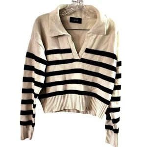 Apfelwein Pullover Preppy Kragen Creme Off White Schwarz Gestreift V-Ausschnitt Polopullover - Bild 1 von 4