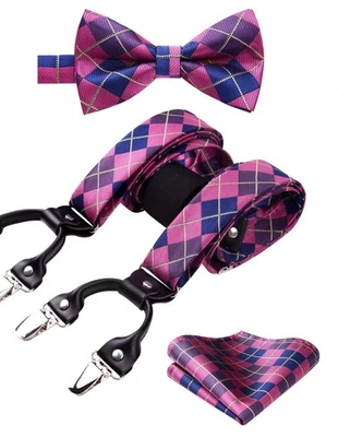 Bow Tie and Suspenders for Men Pink Plaid Suspender and Bowtie Handkerchief S... - Image 1 of 4