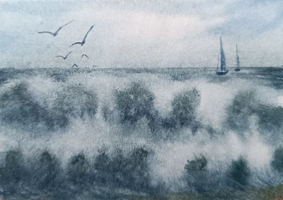 Original Modern Artwork Painting Landscape 7x9cm WAVE BOAT Arts Seascape Signed - Image 1 of 4