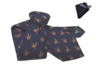 Cravatta lana uomo blu fagiani motivi di caccia e possibile completo pochette - Immagine 1 di 4