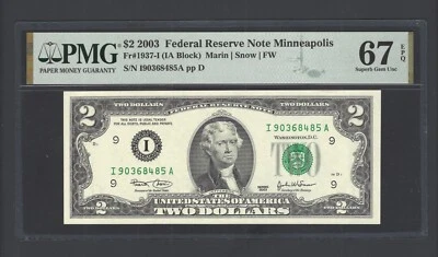 United States-Federal Reserve 2 Dollars 2003 Fr#1937-I (IA Block) UNC Grade 67 - Image 1 of 2
