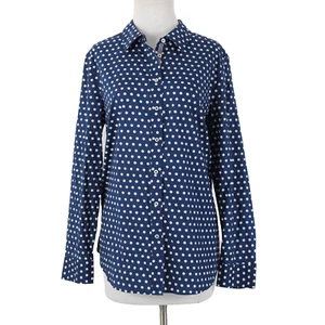 Talbots NEW $70 Sz L Navy Blue White Polka Dots Button Collared 100% Cotton Top - Picture 1 of 14