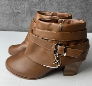 Thalia Sodi Womens 8.5 Ankle Boots  Camel Wedge Heel  2" Zip Sides  Straps - Picture 1 of 7