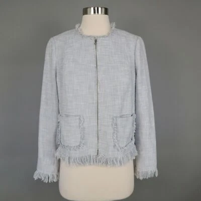 Rebecca Taylor Blazer Jacket 6 Fringed Gray Tweed Zip Short Career Slub Suiting - Image 1 of 4
