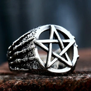 Vintage Pentagram Skull Hand Ring Stainless Steel Satanic Star Biker Skull Ring - Picture 1 of 6