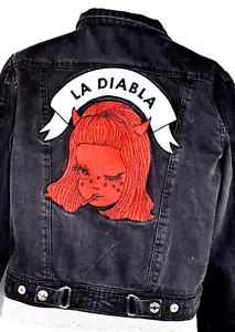 Valfre La Diabla Denim Jacket Bomber Womens M Embroidered Patch Black Red Limite - Picture 1 of 6