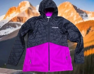 the COLUMBIA HYBRID HOODED FLEECE PUFFY JACKET Girl's Medium Pink/Black Mint - Picture 1 of 8