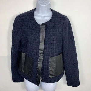 Ann Taylor Womens Blazer Sz 12 Navy Blue Tweed Black Faux Leather Trim Jacket - Picture 1 of 12