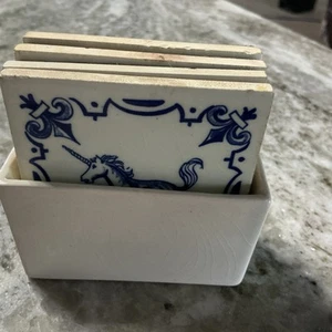 "Juego 4 posavasos azul blanco Holanda Delft caballo unicornio fieltro respaldo 3"" número de colección" - Imagen 1 de 7