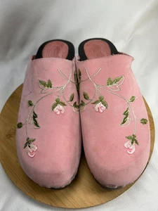 Shellys London Clogs Shoes Pink Leather wood size 38 / 7.5 Made in Italy Flowers - Picture 1 of 24