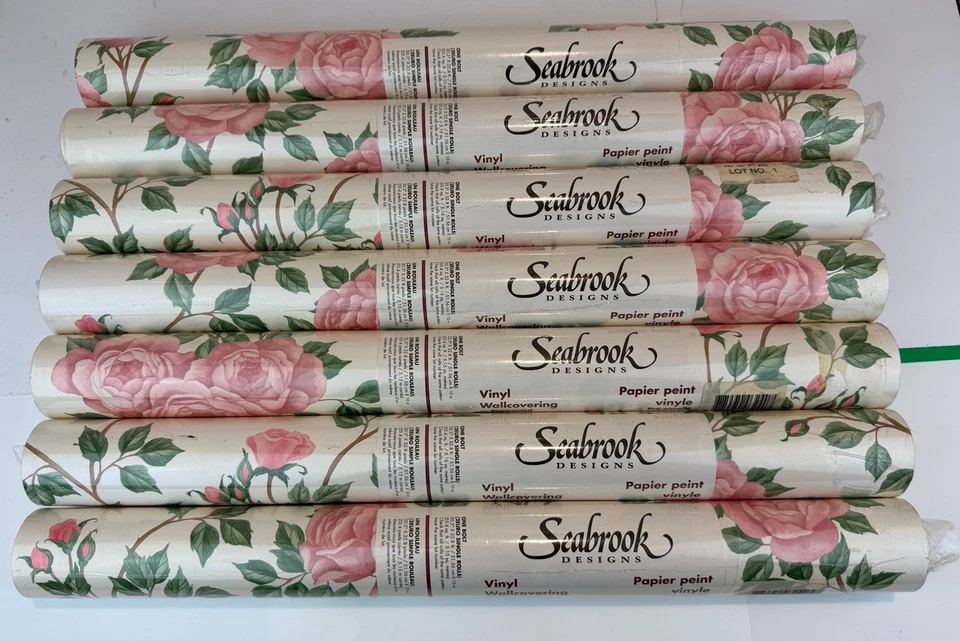 Vtg Seabrook Designs Wallpaper 7  Rolls 55.4 Sq. Ft Ea. Floral Pink Roses Pt 240 - Image 1 of 4