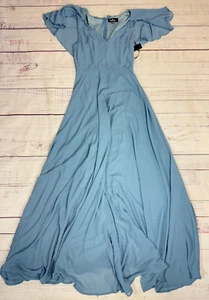 Lulus Womens Short Flutter Sleeve Long Maxi Dress XS Blue V-Neck Lined Polyester - Picture 1 of 8