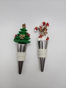Lot Of 2 Christmas Wine Bottle Stoppers Christmas Tree And Candy Canes - Picture 1 of 7