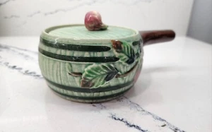 Vintage Majolica Covered Dish with Handle and Lid. Barrel Design With Apple A-10 - Picture 1 of 6