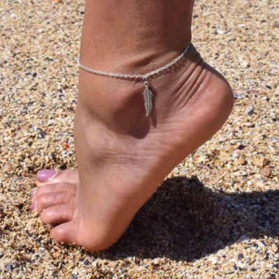 Cavigliera con PIUMA Argento portafortuna a Catena in Acciaio inox da Uomo Donna - Immagine 1 di 4