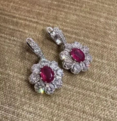 Art deco Style 4.0Ct Created Red Ruby Drop Dangle Earrings 14K White Gold Finish - Image 1 of 4