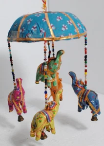 India Bohemian 5 Blue Fabric Elephants Beaded Umbrella Mobile Wall Hanging - Picture 1 of 17