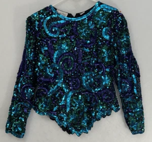 Laurence Kazar New York XL Sequin Beads Shirt Long Sleeve Vintage Formal Party - Picture 1 of 7