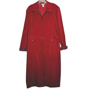 Vintage Duck Head Coat Dress Red Snap Up Plaid Trim Women's 16 Duster Trench - Picture 1 of 7