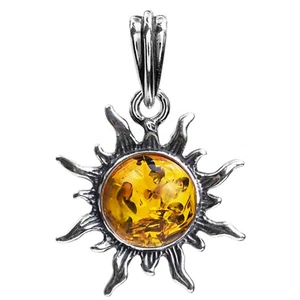 925 Solid Sterling Silver Honey Baltic Amber Sun Round Beautiful Small Pendant - Picture 1 of 5