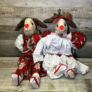 Vtg Plush Christmas Boy & Girl Reindeer Country Cottage Pinafore Handmade Dolls - Picture 1 of 16