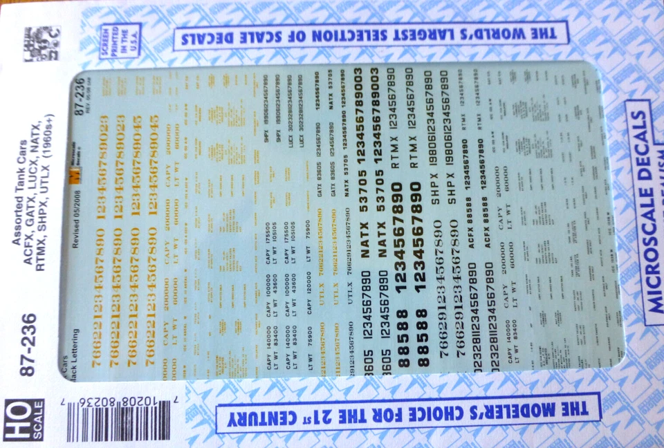 Calcomanía a microescala HO #87-236 datos - carro cisterna - letras amarillas y negras - GATX, Foto 1 de 1