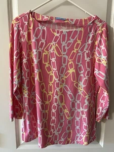 J.McLaughlin Size Large Pink Chain link Print 3/4 Sleeve Top Nautical Preppy - Picture 1 of 9