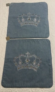 Denim Crown Jeweled Pillow Covers Pair  16X16 Boutique - Picture 1 of 4