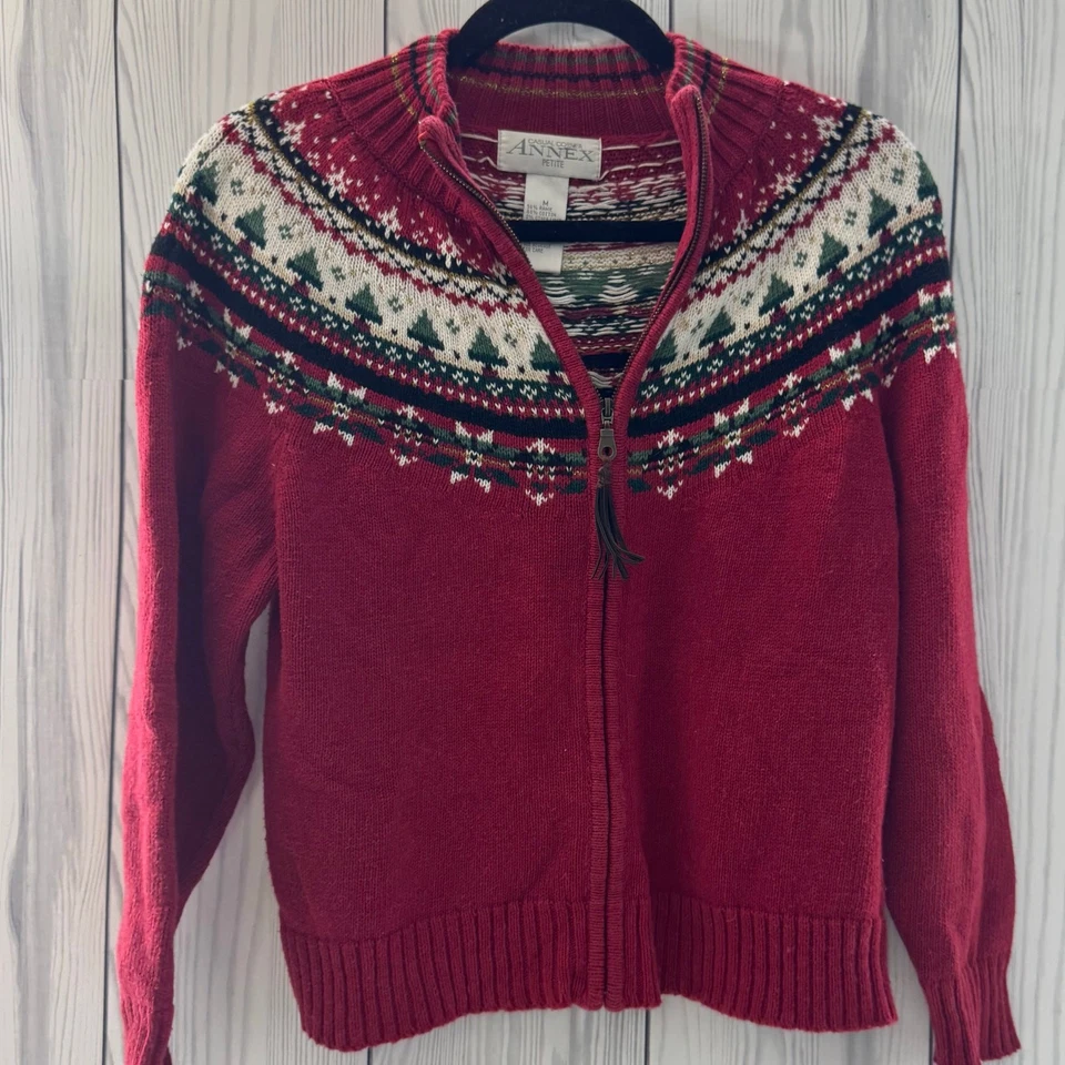 Cárdigan de Navidad Suéter Vintage Informal Esquina Cremallera Grande Rojo Mediano Foto 1 de 4