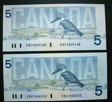 1986, 2 X $5 Canada, (Crow - Bouey) ENC And ENX Prefix, Yellow BPN 