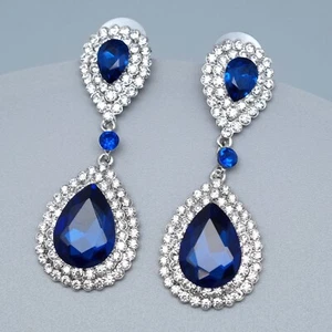 Drop Dangle Earrings Simulated Sapphire Blue Rhinestone Silver Plated Wedding 43 - Picture 1 of 4