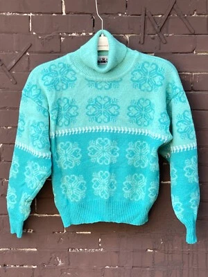 Vintage Obermeyer Sport Sweater Ski Mock Neck Ribbed Hem Green White Large Women - Image 1 of 4