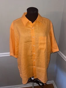 ALAN FLUSSER Men's Orange 100% Linen Short Sleeves Buttons Up Casual Shirt XL - Picture 1 of 3
