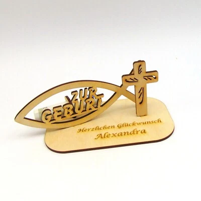 Geldgeschenk zur Geburt Personalisiert mit Namensgravur Christlich mit Fisch - Bild 1 von 2
