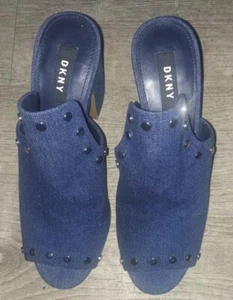 DKNY SLIP ON PEEP A BOO HEELS BLUE DENIM W/ SILVER STUDS WOMEN'S SIZE 7m - Picture 1 of 6