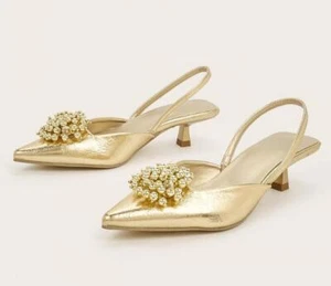 Sexy Sandalias para mujer Slingbacks Moda Verano Puntera puntiaguda Perlas Gatito Tacones Medios - Imagen 1 de 6