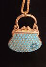 Betsey Johnson 3D Blue Crystal  Handbag NECKLACE GOLD Purse Pendant 