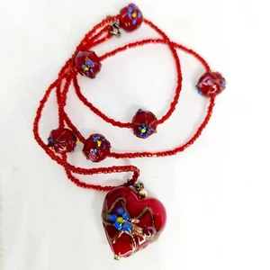 Vtg Venetian Wedding Cake Glass Lampwork Bead Necklace Heart Pendant Valentine - Picture 1 of 7