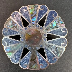Vintage Taxco Mexiko 925 Sterlingsilber Abalone Lapis Inlay Blume Anstecknadel Anhänger 2" - Bild 1 von 4