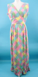 Vtg Women's 70s Colorful Gingham Patchwork Sleeveless Maxi Dress Sz M 1970s - Picture 1 of 14