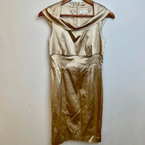 Calvin Klein Womens Evening Satin Cocktail Dress Size 4 Gold Sleeveless Sheath - Picture 1 of 7